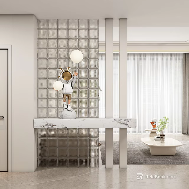 Modern Partition Design With Grid Pattern Marble Countertop Decorative Sculpture And Hanging Lamps 3d model 