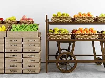 Wooden Display Shelves with Rolling Cart Holding Fruit Baskets and Stacked Crates 3d model