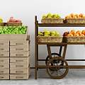 Wooden Display Shelves with Rolling Cart Holding Fruit Baskets and Stacked Crates