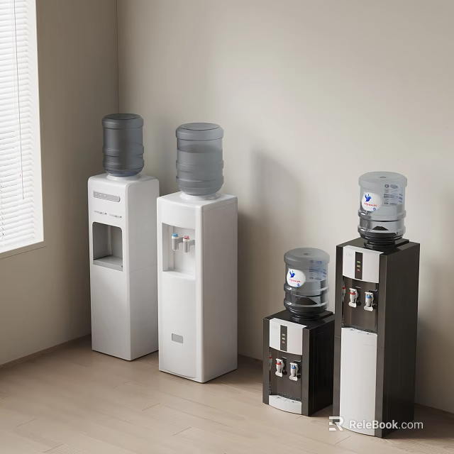 Three White And Black Kitchen Water Dispensers Placed Against The Wall With Window Nearby 3d model 