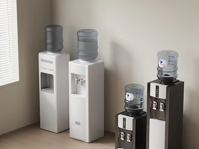 Three White And Black Kitchen Water Dispensers Placed Against The Wall With Window Nearby 3d model