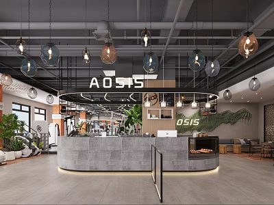 AO515 Modern Fitness Gym Reception Area With Pendant Lights Green Plants And Workout Equipment 3d model