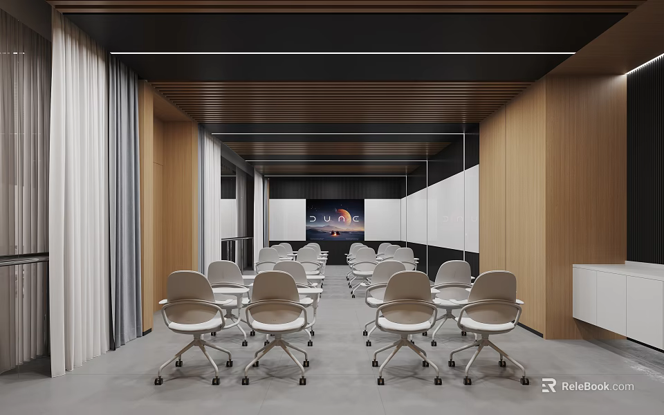 Modern Meeting Room Interior With Gray Rolling Chairs Wooden Walls And White Partitions 3d model 