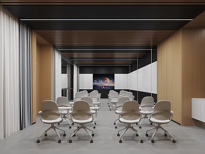 Modern Meeting Room Interior With Gray Rolling Chairs Wooden Walls And White Partitions 3d model