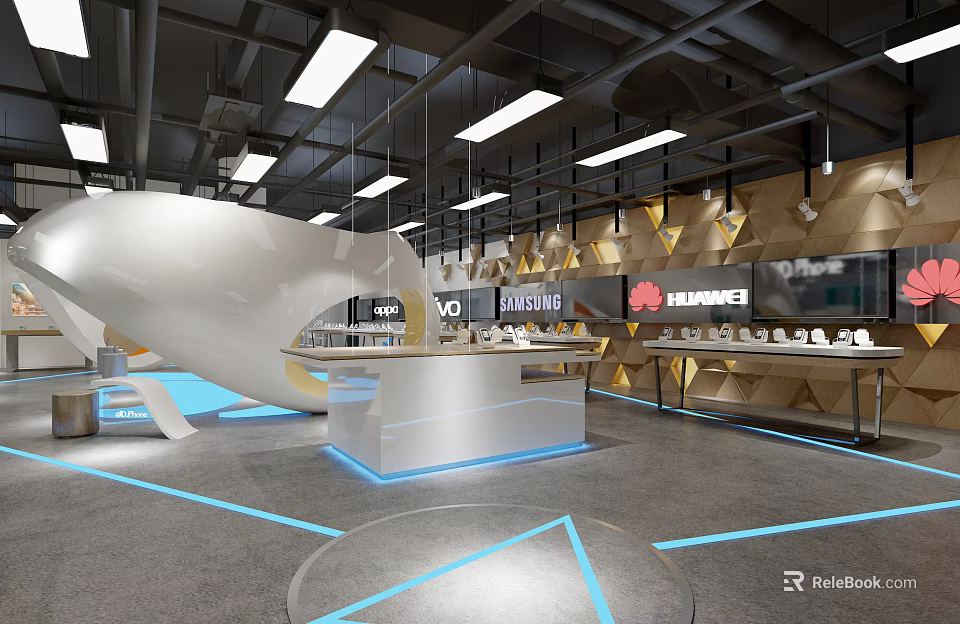 Modern Digital Store Interior With Brand Logos Display Counters And Electronic Devices 3d model 