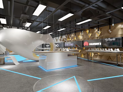 Modern Digital Store Interior With Brand Logos Display Counters And Electronic Devices 3d model