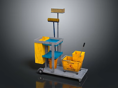 Professional Cleaning Cart With Yellow Trash Bins Blue Shelves And Wheels 3d model