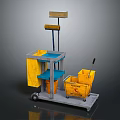 Professional Cleaning Cart With Yellow Trash Bins Blue Shelves And Wheels