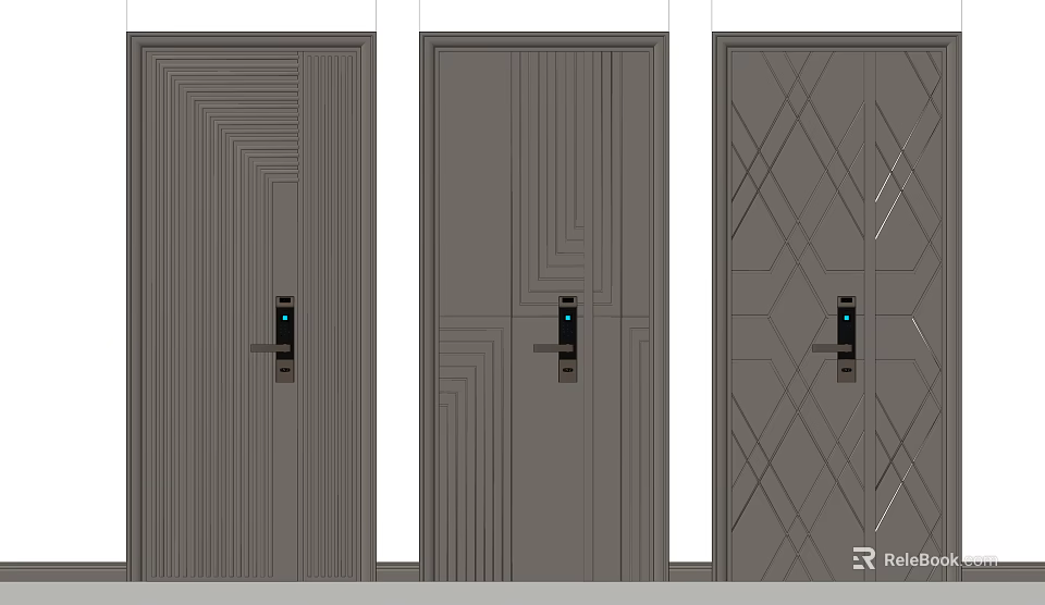 Three Gray Security Doors with Modern Geometric Patterns and Electronic Lock Design 3d model