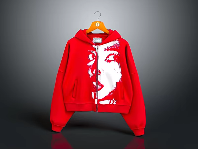 Red Cropped Hoodie With Oversized Sleeves White Graphic Print And Zipper 3d model
