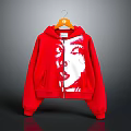 Red Cropped Hoodie With Oversized Sleeves White Graphic Print And Zipper