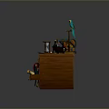 Vintage Wooden Desk with Drawers Table Lamp Notebook and Parrot Ornament