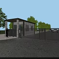 Metal Entrance Gate with Gatehouse Trees Person and Nearby Cars on Paved Ground