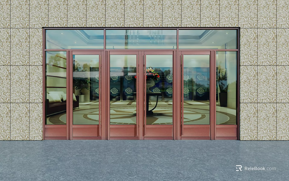 Modern Glass Entrance Door With Marble Wall And Flower Arrangement On Table 3d model 