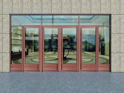 Modern Glass Entrance Door With Marble Wall And Flower Arrangement On Table 3d model