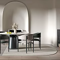 Modern Dining Room Interior With Round Table Green Chairs Arched Doorway Wooden Wall And Plant