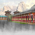Ancient Chinese Architecture with Green Roofs and Red Doors by Water in Rainy Mountain View