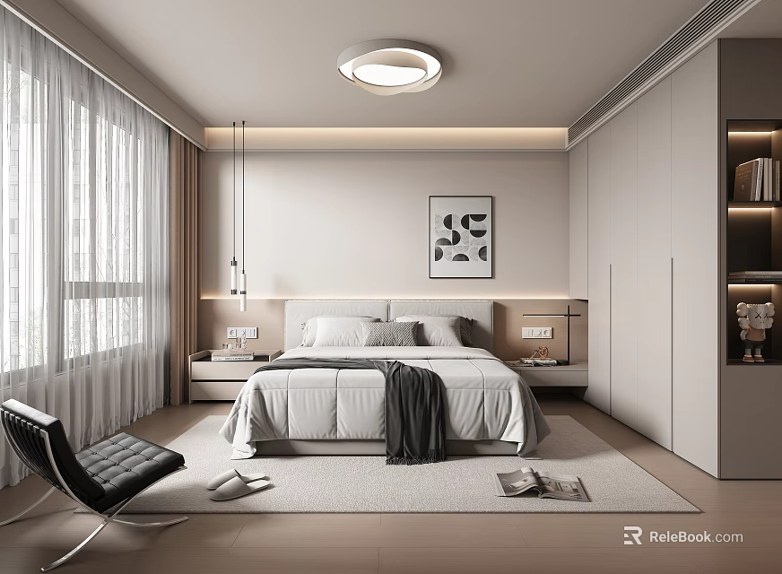 Modern Bedroom Interior Design With Bed Built in Wardrobe Large Window Curtains and Decorative Art 3d model 