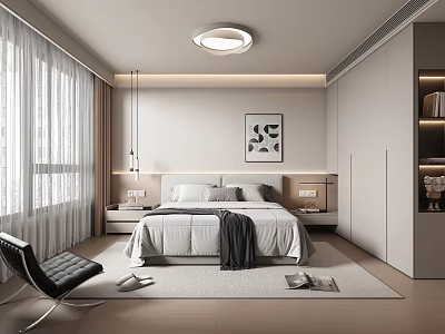 Modern Bedroom Interior Design With Bed Built in Wardrobe Large Window Curtains and Decorative Art 3d model