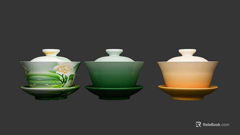 Traditional Chinese Ceramic Tea Cups with Lids and Saucers in Colorful Patterns 3d model 