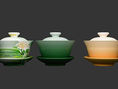 Traditional Chinese Ceramic Tea Cups with Lids and Saucers in Colorful Patterns 3d model