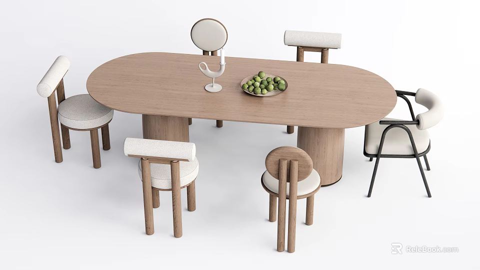 Modern Dining Table Set With Oval Wooden Table And Matching Comfortable Chairs 3d model 