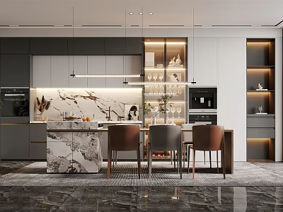 Modern Restaurant Open Kitchen With Marble Island Gray Cabinets Wine Rack And Dining Chairs 3d model
