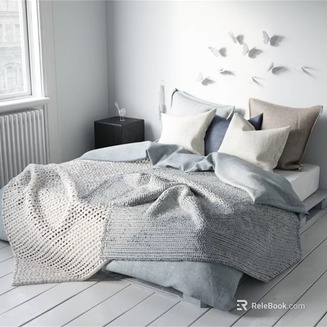 Cozy Modern Bedroom With Soft Bedding Pillows And Knitted Blanket 3d model 