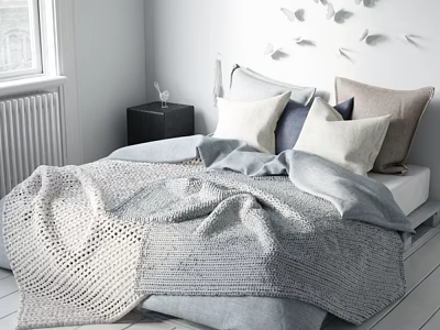 Cozy Modern Bedroom With Soft Bedding Pillows And Knitted Blanket 3d model