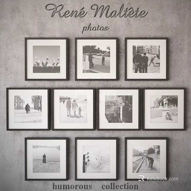 Black and White Framed People Scene Photos Hanging on Gray Wall 3d model 