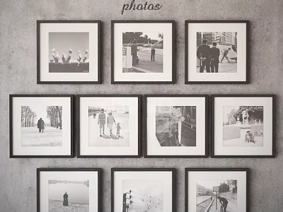 Black and White Framed People Scene Photos Hanging on Gray Wall 3d model