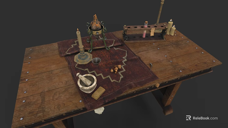 Vintage Alchemy Tools Arranged On Wooden Table With Candlestick And Mortar 3d model 