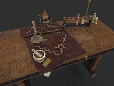 Vintage Alchemy Tools Arranged On Wooden Table With Candlestick And Mortar 3d model