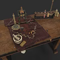 Vintage Alchemy Tools Arranged On Wooden Table With Candlestick And Mortar