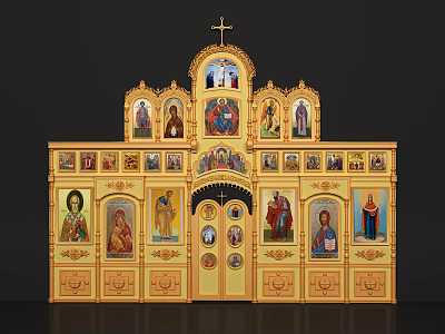 Ornate Golden Religious Background Wall With Detailed Icon Paintings And Cross 3d model