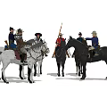 Multiple People Mounted on Horses in Historical Military Uniforms Posed Dynamically 3d model