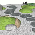 Garden Design with Stone Stepping Path Curved Green Lawn and Decorative Stones