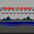 Performance Stage With Metal Lighting Frame Blue Wave Backdrop And Mountain Decorations