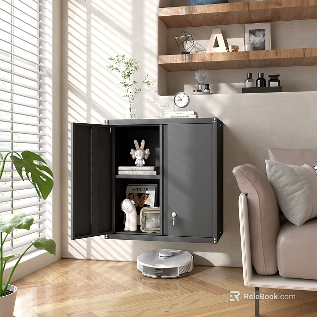 Modern Living Room With Open Black Cabinet Decorations Sofa Pillows Blinds Robot Vacuum And Plant 3d model 