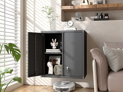 Modern Living Room With Open Black Cabinet Decorations Sofa Pillows Blinds Robot Vacuum And Plant 3d model
