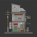 Miniature Two Story Asian Style Building With Balcony Striped Awning And Green Door