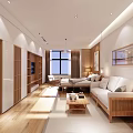Modern Apartment Interior With Living Room Wooden Sofa Coffee Table Large Window And Warm Lighting