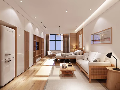 Modern Apartment Interior With Living Room Wooden Sofa Coffee Table Large Window And Warm Lighting 3d model