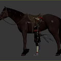 Warrior with Bamboo Hat Holding Long Sword and Brown Horse with Saddle