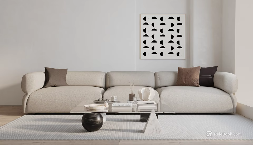 Modern Minimalist Beige Three-Seater Sofa With Decorative Cushions Glass Coffee Table And Geometric Wall Art 3d model 