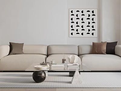 Modern Minimalist Beige Three-Seater Sofa With Decorative Cushions Glass Coffee Table And Geometric Wall Art 3d model