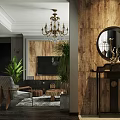 Cozy Living Dining Room Interior With Brown Leather Sofa Green Cushion Tree Stump Coffee Table