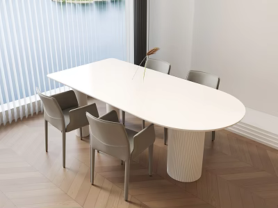 White Oval Dining Table Set with Four Gray Chairs by Window on Herringbone Wooden Floor 3d model