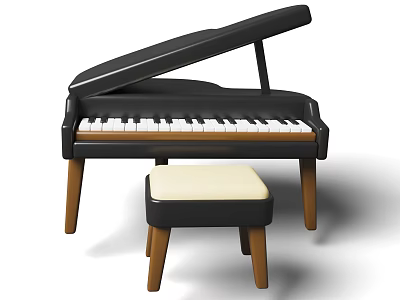 Black Grand Piano with Brown Wooden Legs and Stool for Musical Instruments and Art Supplies 3d model