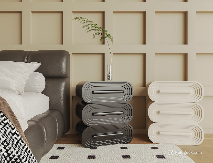 Black And White Bedside Tables With Stacked Drawer Design Next To Leather Bed And Potted Plant 3d model 